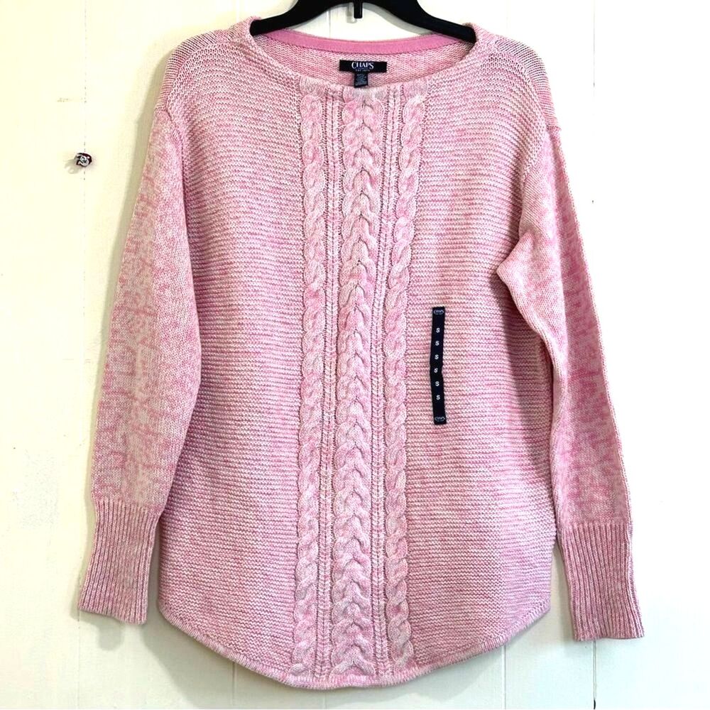 CHAPS NEW Women's Cable Sweater Size S Petites Relaxed Pink Long Sleeve Sweater